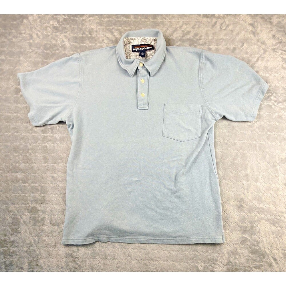 Reyn Spooner Men’s L Blue Solid Polo Shirt Short Sleeve Cotton Knit Pocket